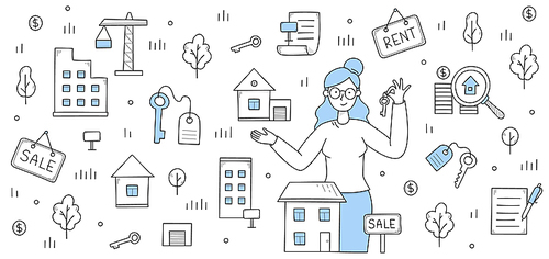 Real estate sale and rent background. Vector doodle illustration with woman realtor holding house keys, icons of search and purchase property, rental residential buildings