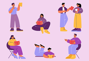 People reading books in club or library, bookcrossing exchange. Happy characters weekend sparetime at home, relaxing, students read literature, prepare for exams, line art flat vector illustration