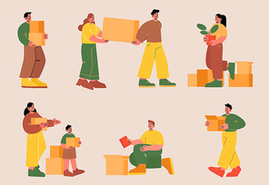 People with boxes, family relocation, moving into new house. Men, women, kids characters packing stuff and potted plants into cardboards, relocate, leave home, Line art flat vector illustration, set