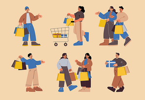 Sale and shopping people set, isolated customers male and female characters carry bags, buyers buying purchases and gifts in store, riding trolley in supermarket, Flat vector line art illustration