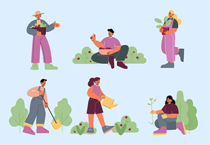 People work in garden, plant trees, watering and harvest. Vector set of flat illustrations with farmers or volunteers gardening on farm, yard or public park. Men and women with shovel, flower pot