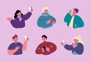 People using mobile phone. Concept of online communication, network and internet content. Vector flat illustration with happy men and women take selfie on smartphone, talking and texting messages
