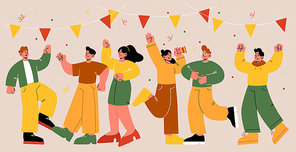 Happy friends have fun and dance on party. Vector flat illustration of group of people celebrate birthday or holiday together. Men and women joy with confetti, garland and megaphone