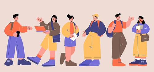 Young people, students of school, college or university. Vector flat illustration of group of teenagers with backpacks, books and laptop. Community of people studying together