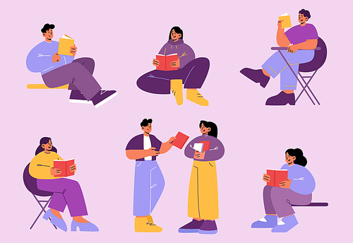 Young people with books, students of school, college or university isolated on background. Vector flat illustration of teenagers sitting in chair and reading textbooks or literature