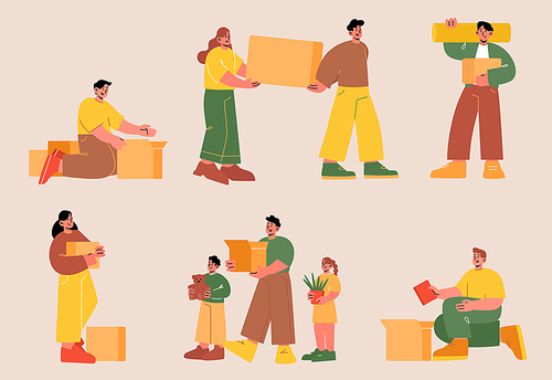 Family move to new house and packing home stuff. Vector flat illustrations of happy people and kids carry cardboard boxes. Concept of relocation, moving, delivery and package