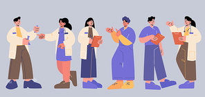 Doctors, nurses, hospital medical staff. Healthcare and medicine workers, physician, surgeon, therapist. Vector flat set of clinic team, people in professional uniform with stethoscope and clipboard