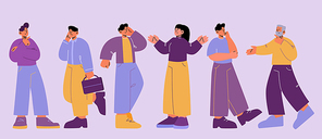 Pensive people think about question or problem. Vector flat set of curious, doubt, confused and puzzled women and men with hand on head or chin. Expression of people making decision or choice