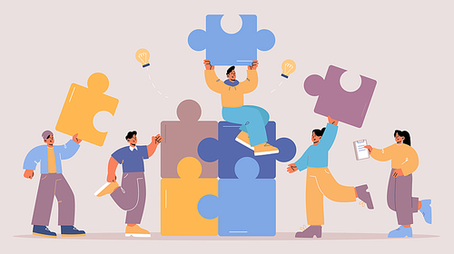 Teamwork and brainstorm concept. Team of people with puzzle and light bulbs work together. Vector flat illustration of partnership and cooperation with people brainstorming