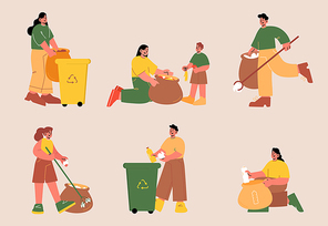 People collect garbage and sorting waste. Vector set of volunteers collecting plastic and organic trash in bags and bin for recycle. Flat illustration of women and men pick rubbish with litter sticks
