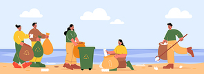 People collecting trash on beach. Volunteers with bags and recycling bins clean up wastes on ocean coastline. Seaside pollution with different garbage, ecology protection, Line art vector illustration