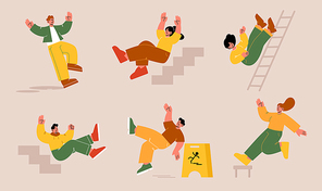 Clumsy people falling, male and female characters fall down due stumbling on ladder or stairs, slipping on wet floor, accident, danger, risk, health insurance, men and women injury Line art vector set