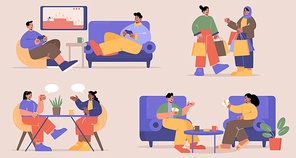 Happy people communication, friends meeting, hobby, diversity spare time. Young men and women playing video games at home, shopping together, chatting in cafe, playing board games, Line art vector set