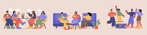 Friends meeting, hobby diversity, happy people communication, spare time. Young men and women playing board games at home, dance near tape recorder together, chatting in cafe, Line art vector set