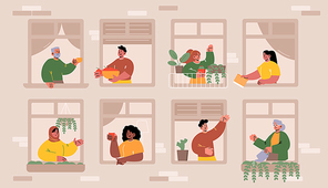 People in windows, friendly neighbors men and women at their home apartments communicate, chatting, spend time with reading, treat each other, care of plants, drink coffee Line art vector illustration