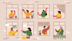 People in windows, multiracial neighbors men and women in their apartments, characters spend time with gadgets, greeting each other, care of plants, dance and waving hands Line art vector illustration