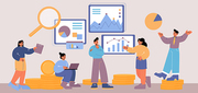 People work with analytic data on dashboard with graphs and charts. Vector flat illustration of business analysis with employees, gold coins and infographic of statistics and financial report