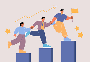 Leadership concept with people climbing up on top of graph together. Vector flat illustration of leader with flag holding hands with team and climb on rising chart