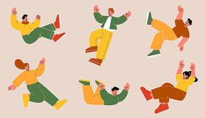 People fall down after slip, slide on wet floor or stumble. Vector flat illustration with person falling with injury risk. Men and women in shock and panic tumble down