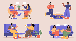 Friends meeting for hobby, play card game, talking, drink tea or coffee together. Vector flat illustrations of multiracial people have fun sitting in cafe, on sofa at home and dance