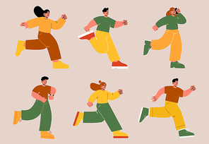 People run, hurry to work or sale, afraid to be late. Vector flat illustration of men and women fast running, rush, look at watch, excited and worry about urgent business