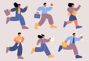 Business people run, late in office, anxious men and women hurry at work due to oversleep or traffic jam. Characters with bags and documents in hand, stress work situation Line art vector illustration