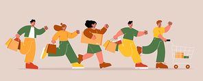 People with bags and shopping cart run. Concept of shop sale, discount in store. Vector flat illustration of crowd of excited men and women fast running, rush and hurry to purchase