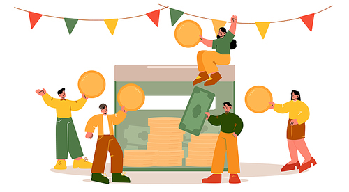 People donate money for charity or crowdfunding project. Vector flat illustration of women and men fund sponsors with coins and cash, donation box and garland