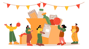 People donate food filling cardboard donation box with different products to help for poor persons in shelter. Tiny volunteers charity, hunger reduce, support, social care Line art vector illustration