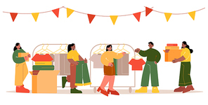 Swap party for exchange clothes, charity donation or second hand fashion shop. Vector flat illustration of people hang garment from boxes to rack on flea market or garage sale