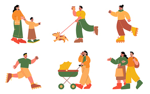 People walk with dog, baby carriage, kid, ride on roller skates, shopping and jogging. Vector flat illustration of weekend activities in park with set of happy characters isolated on white background