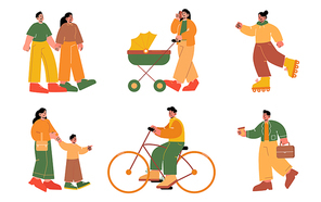 Set of people walk, outdoor summer activities. Isolated characters holding hands walking together, mother with baby in stroller and toddler, rollerblading, riding bicycle, Line art vector illustration