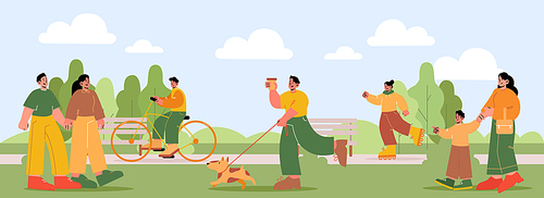 People walk in summer park, characters outdoor activities. Couple holding hands, mother with kid, teens rollerblading, riding bicycle, man walking with dog in city garden, Line art vector illustration