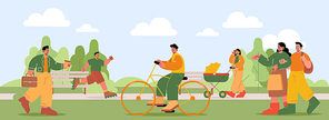 People walk with baby carriage, ride on bike and jogging in park. Vector flat illustration of summer landscape with man running, businessman in suit, couple with shop bag and man on bicycle