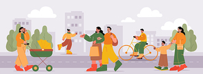 People walk at city street, characters go along the road on urban cityscape background. Mother with baby in stroller and toddler, couple, teens riding skates and bicycle, Line art vector illustration