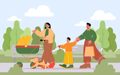 Family walk with dog and baby carriage in park. Vector flat illustration of summer landscape with green trees, benches and walking happy people with kids and pet