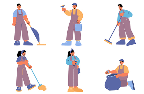 Set of cleaning service characters in uniform work with equipment to clean room. Professional company workers with tools mop or vacuuming floor, rub, sweep, collect trash, Line art vector illustration