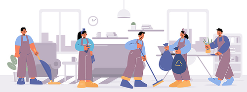 Cleaning service staff work in living room. Vector flat illustration of home interior with professional housework people in uniform with vacuum cleaner, broom, spray and trash bags
