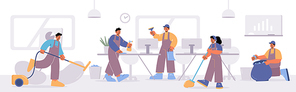Cleaning service in office, janitors team in uniform housekeeping work with tools, maids clean room with desk and chairs. Professional company workers with tools cleanup, Line art vector illustration