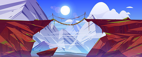 Bridge between mountains hang above cliff in snowy rock peaks landscape background. Beautiful scenery nature view, rope bridgework with wooden crossbars connect rocky edges Cartoon vector illustration