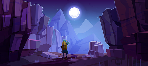 Hiker man on road in mountains at night. Vector cartoon landscape of nature park with canyon, stone cliffs, rocks, moon in sky and tourist with backpack for hiking on path