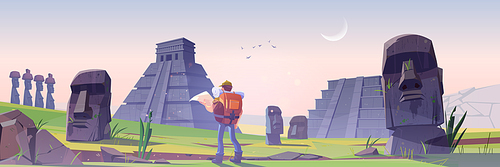 hiker man on . island with ancient mayan pyramids and moai statue. vector cartoon landscape with south american landmarks, temples, stone sculpture and tourist with backpack and map