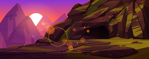 Mountains with entrance to dark cave at sunset. Vector cartoon illustration of summer landscape with rocks, deep stone cavern or mine, green grass and sun at evening