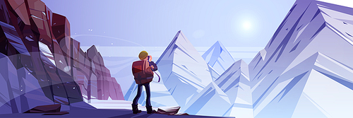 Traveler man shoot winter mountains on photo camera. Hiking travel journey, adventure. Tourist with backpack stand at rocky snowy landscape with peaks. Extreme recreation Cartoon vector illustration
