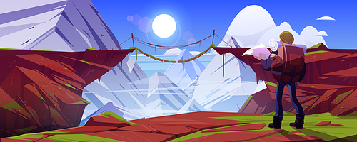Mountain landscape with hiker man and suspension bridge over precipice in rocks. Vector cartoon illustration of abyss between cliffs, wooden rope bridge and tourist with backpack and map