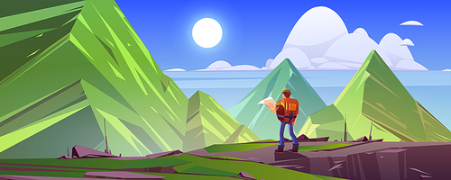Mountain landscape with hiker man with backpack and map. Vector cartoon illustration of rocks and high peaks and tourist on stone ledge. Concept of travel and hiking