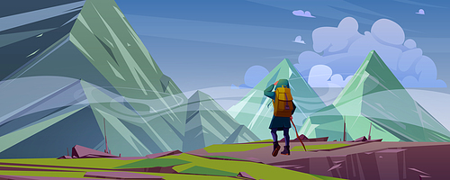 Traveler at mountain landscape with peaks covered with fog. Travel or wanderer extreme journey, adventure. Tourist with backpack look into the distance on high rock tops, Cartoon vector illustration
