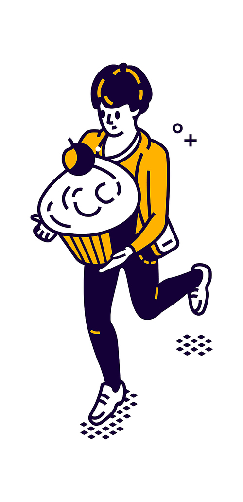 Man delivering food isometric vector illustration, man carries a large muffin, cake in his hands