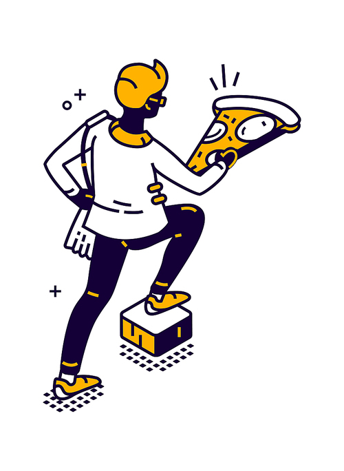 Man delivering food isometric vector illustration, man carries a large pizza piece in his hands