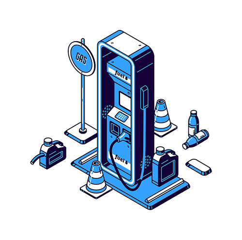 Gas station isometric icon, refueling with petrol or diesel symbol